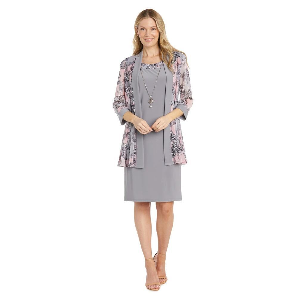 R & M Richards Gray Sleeveless Formal Shift Dress w/ Floral Print Sheer Jacket